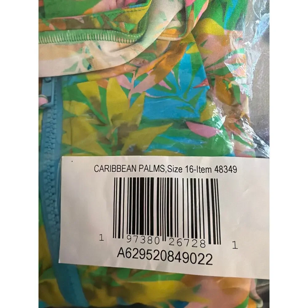 Kim Gravel x Swimsuits For All Zip-Front Swim Cardigan Caribbean palms Sz 16